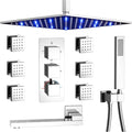 Thermostatic Shower Faucet Set Polished Chrome Rain Shower System with Tub Spout, 12 Inch Ceiling Mounted LED Shower Head and Handheld Spray, 6 PCS Body Jets, 4 Way Brass Shower Vlave