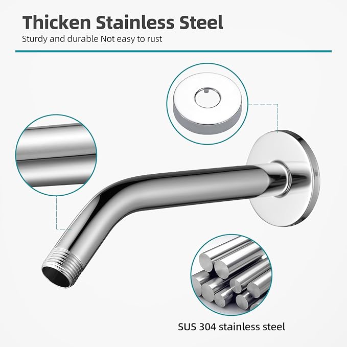 Cobbe Shower Arm with Flange and Teflon Tape, 8-Inches Wall Mounted Shower Pipe Arm 304 Stainless Steel Extension for Fixed Shower Head, Chrome