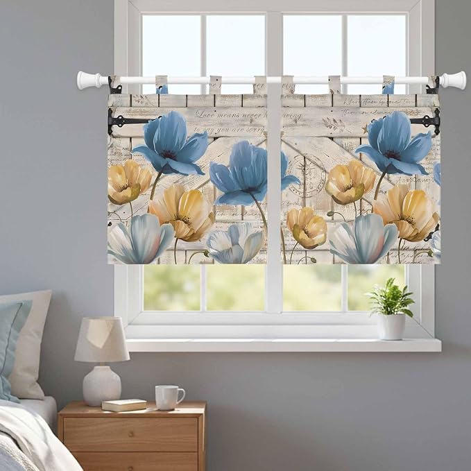 Blue Yellow Tulips Kitchen Curtains 36 Inch Length, Small Window Curtains Tab - Image 9