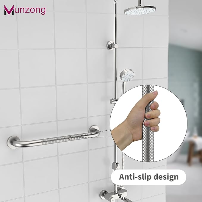 16 Inch Anti Slip Shower Grab Bar,Munzong Stainless Steel Handicap Grab Bars for Bathtubs and Showers,Brushed Nickel Knurled Balance Bar,Safety Hand Rail Support Elderly Senior Bath Handle