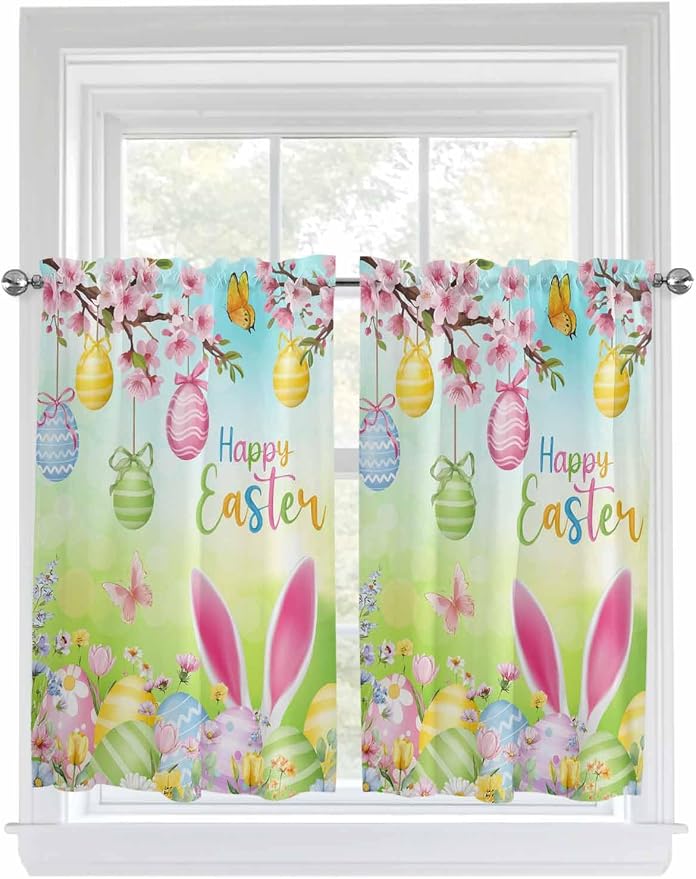 Easter Kitchen Curtains 45 Inches length, Spring Bunny Colorful Rabbit Eggs by Unknown