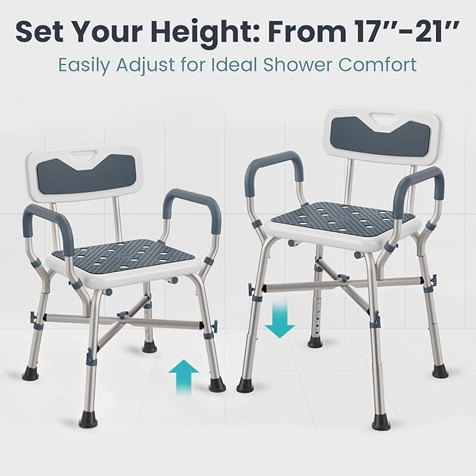 Shower Chair for Elderly and Disabled (450lb) with Padded Armrests and Back, Adjustable Height Shower Seat, Heavy Duty Shower Chairs for Inside Shower, Handicap - Teal