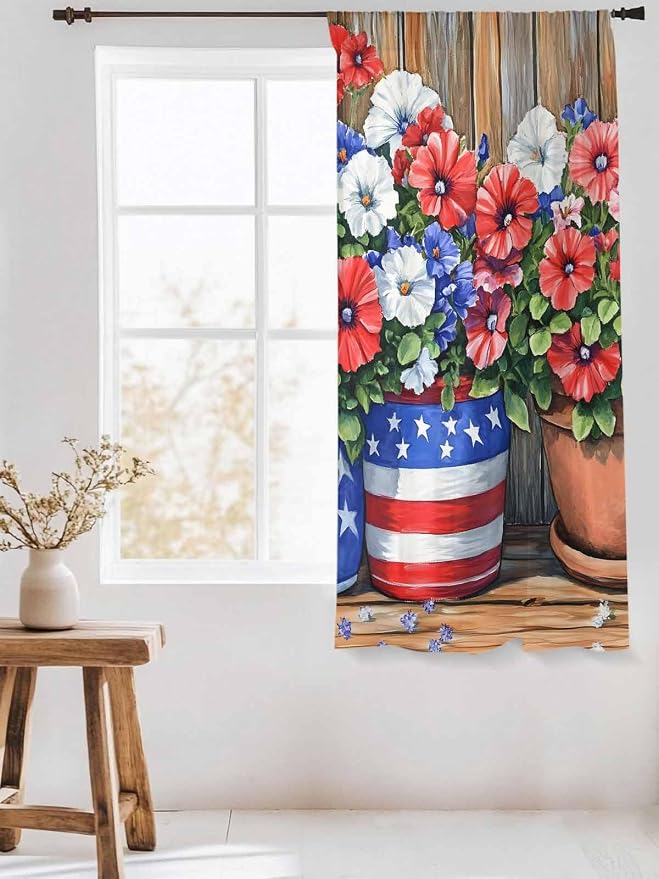 Sheer Curtains 63 Inch Length, Retro Independence Day Flag Wood Grain Privacy - Image 3
