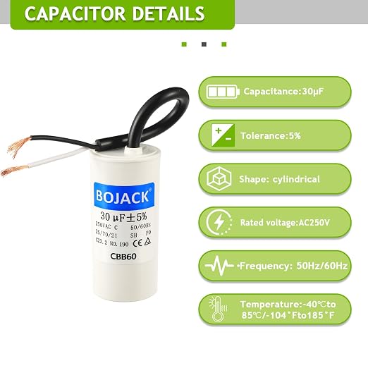 BOJACK Run Capacitor 30 uF MFD 250V AC 30 MFD CBB60 2 Wire 50/60Hz Cylinder - Image 3