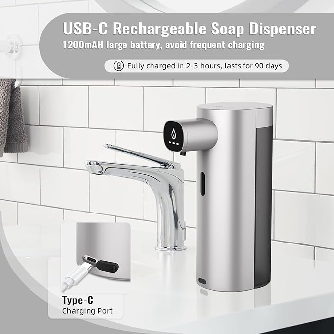 Automatic Liquid Soap Dispenser Touchless, USB Rechargeable Smart Hand Soap Dispenser, 13.5oz/400ml, 3-Level Adjustable, Compatible with Thick Thin Dish Soap for Bathroom Kitchen, Clog-Free, Silver