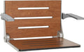 Seachrome Silhouette Comfort Folding Wall Mount Shower Bench Seat with Arms, Rustic Teak Seat with Silver Frame