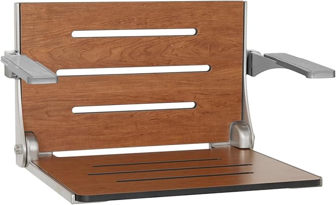 Seachrome Silhouette Comfort Folding Wall Mount Shower Bench Seat with Arms, Rustic Teak Seat with Silver Frame