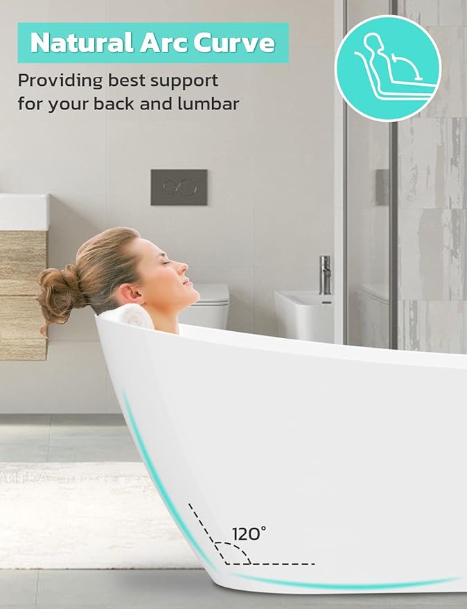 55 Inch Acrylic Freestanding Bathtub, Glossy White Contemporary Soaking Tub with Silver Toe-Tap Pop-Up Chrome Drain, Integrated Slotted Brushed Nickel Overflow, 55 Gal cUPC Certified Tub