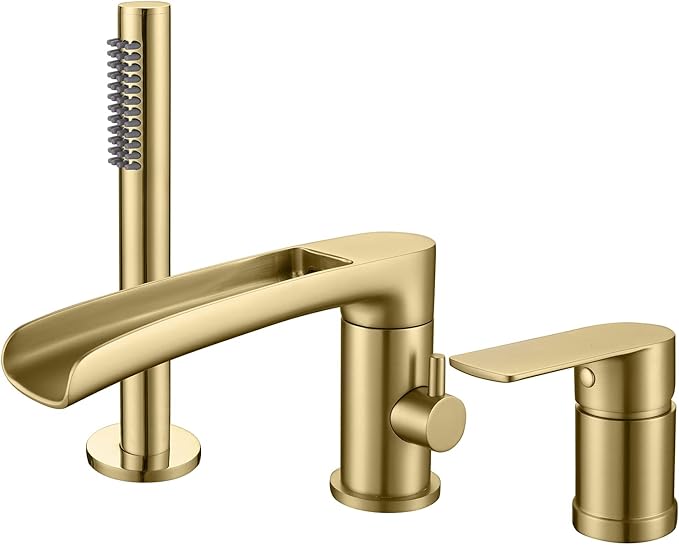 TapLong Waterfall Roman Tub Faucet with Hand Shower, Widespread Deck Mount Bathtub Faucet with Sprayer, Single-Handle 3-Holes Bathtub Shower Faucet Set in Brushed Gold, 03119BG