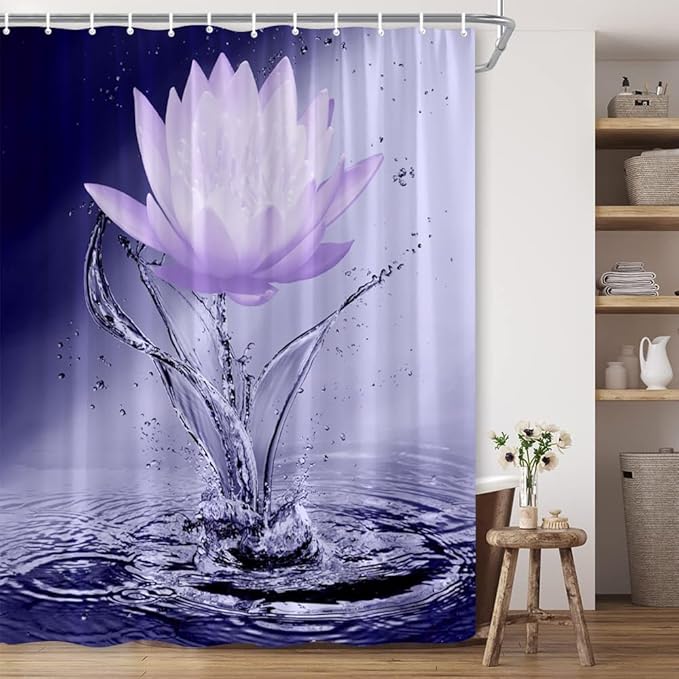Lotus Shower Curtain Black White Violet Flower Elegant Blooming Floral with Dew Spring Flower Reflection on Water Modern Romantic Polyester Fabric Bathroom Decor 70×96 Inch with Hook