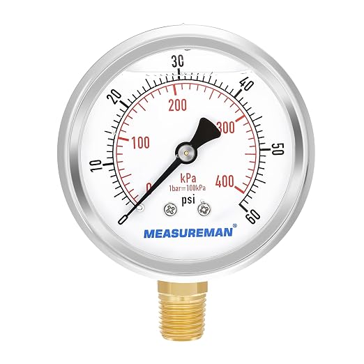 MEASUREMAN 2-1/2inch Dial Size, Liquid Filled Pressure Gauge, 0-60psi/kpa by MEASUREMAN