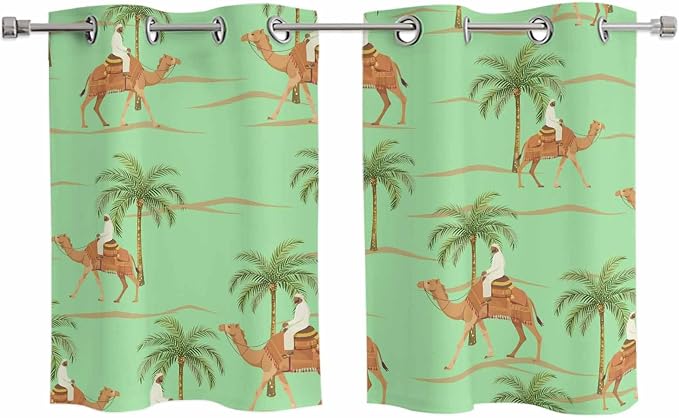 2 Panel Kitchen Cafe Curtains, Desert Camels Sunlight Filtering Nature Air by Hokiten