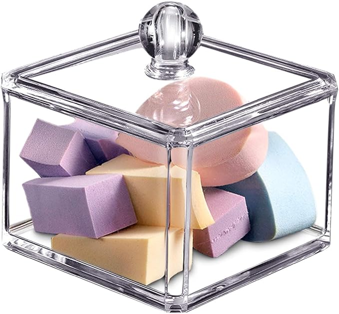 SheeChung Modern Square Qtip Holder Acrylic Bathroom Vanity Countertop Storage Organizer Canister Jar for Cotton Swabs, Rounds, Balls, Makeup Sponges, Bath Salts - 1 Pack - Clear
