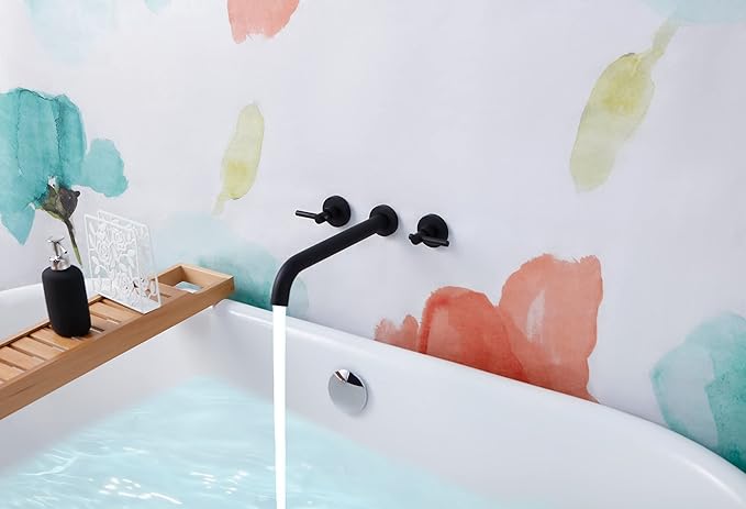 Wall Mount Tub Filler,Two Handle Bathtub Faucet, Extra Long Spout Reach with High Water Flow, Brass Rough in Valve Included,Matte Black