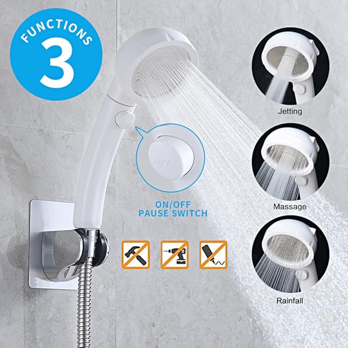 KAIYING High Pressure Handheld Shower Head with ON/OFF Pause Switch, 3 Spray Modes Shower Wand with Shut Off Button, Removable Camper Shower Head with Hose and Adjustable Angle Bracket (White)
