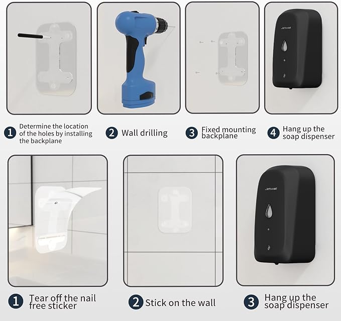 JETWELL Automatic Touch-Less Wall Mount Hand Soap Dispenser Liquid Drop Battery Operated, Black Matte Stainless Steel Cover Large Capacity 34OZ/1000ML for Kitchen Home Commercial Bathroom