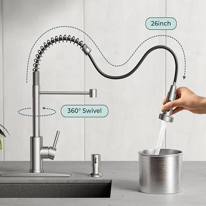 Smart Touch On Kitchen Faucet, 3 Modes Pull Down Sprayer, Sensor Activated, Ceramic Disc Valve, 360-Degree Rotation, 1 or 3 Hole Deck Plate. 10-Year Warranty. (KW-62SN,Brushed Nickel)