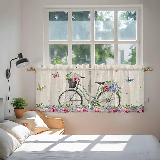 Farmhouse Spring Tier Curtains, Retro Bicycles Flowers Vines Butterfly Light - Image 4