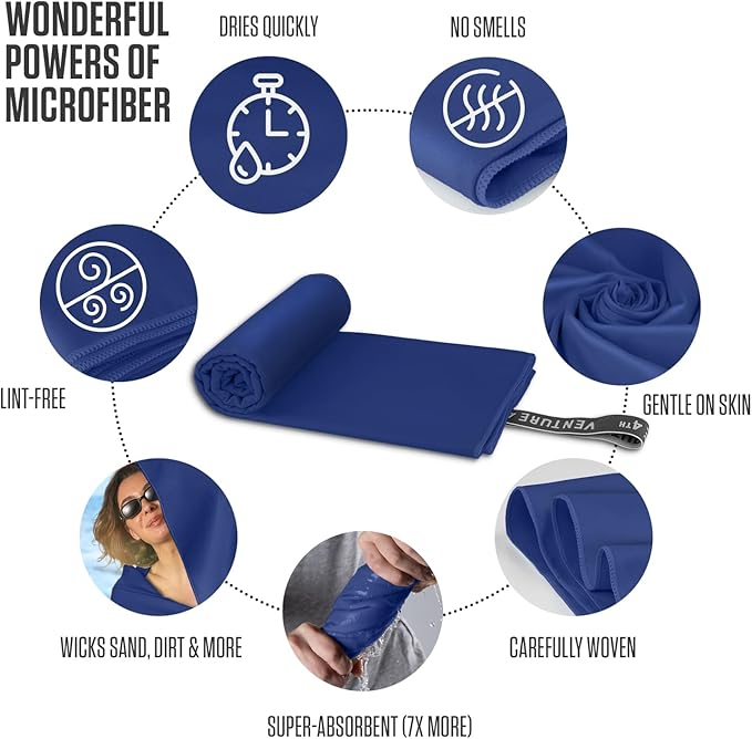 VENTURE 4TH Quick Dry Towel. Microfiber Travel Towel Ideal for Camping, Hiking, Backpacking, Gym. Lightweight & Fast Drying Travel Towels for Body. Compact & Easy to Pack - Navy Blue Extra Large