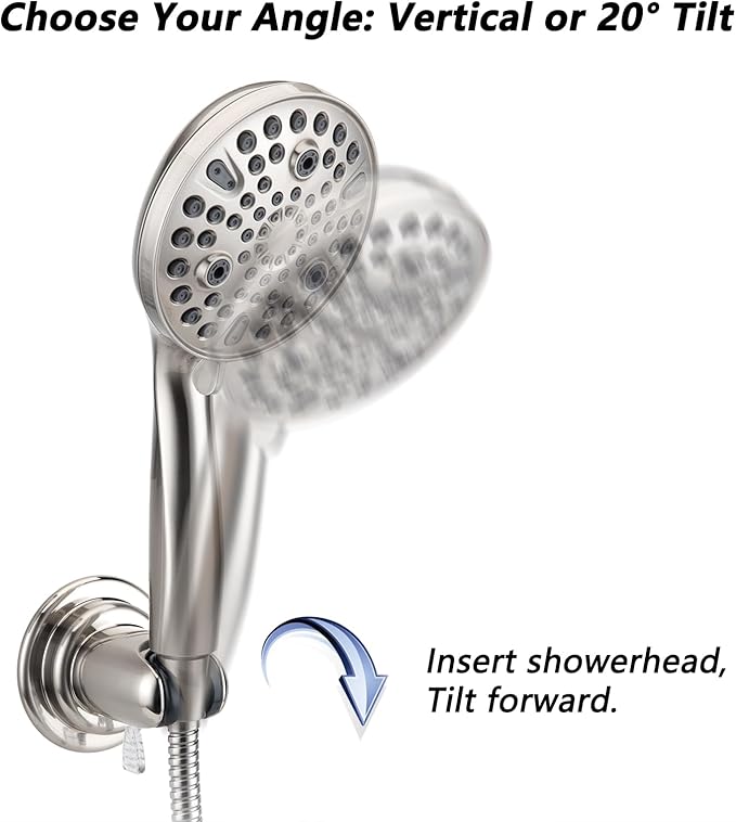 BOPai Suction Cup Shower Head Holder for Handheld Shower – No Drill, for Smooth Surfaces Only, Adjustable 20°, Brushed Nickel