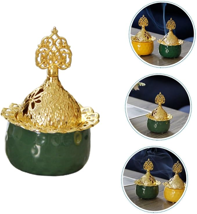 Elegant Green Ceramic and Metal Incense Burner - Image 4