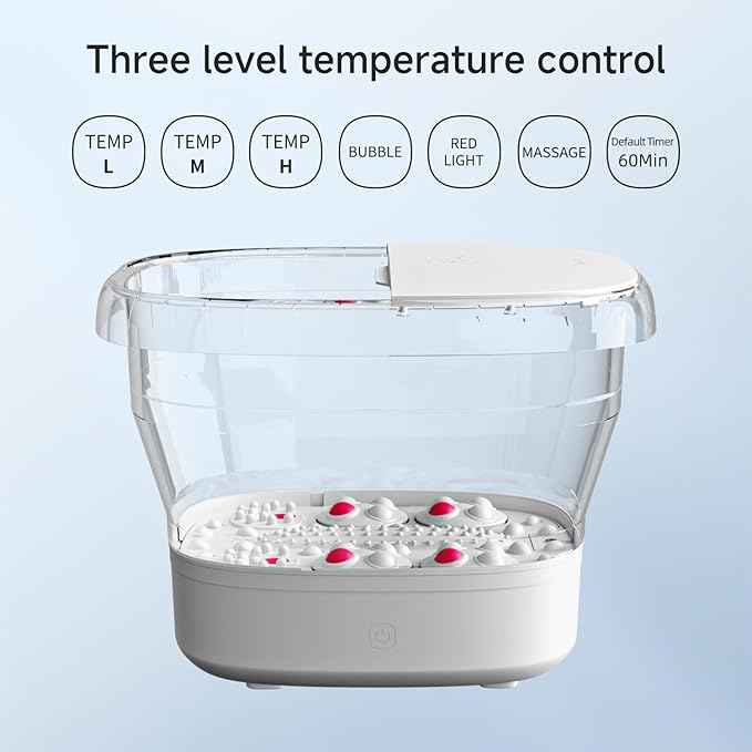 Collapsible Foot Spa Massage with Water and Electricity Separation System,Foot Bath with Three Level Temperature Control,Bubble,Remote,Red Light,Timer,and Four Set Electric Massage Balls
