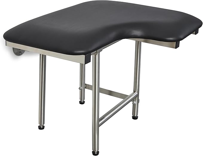 28" x 22.5" Black Padded Wall Mount Folding Left-Handed Transfer Bench Shower Seat with Legs, ADA Compliant