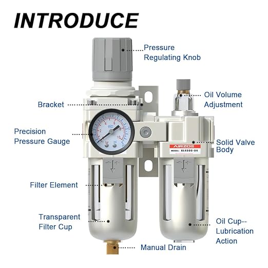 AIRZOE 1/2" NPT Compressed Air Filter Regulator Lubricator Combo, Air - Image 3