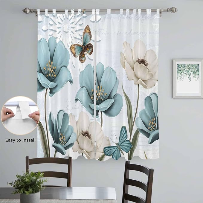 Blue Tulips Living Room Curtains 96 Inch Length, Window Curtains Tab Top - Image 4