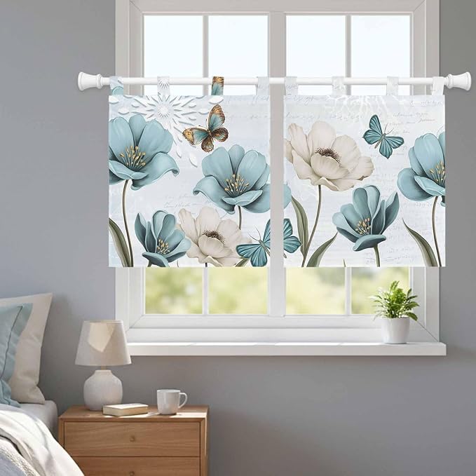 Blue Tulips Kitchen Curtains 36 Inch Length, Small Window Curtains Tab Top - Image 9