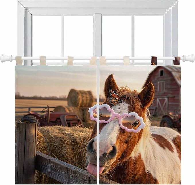 Farm Horses Kitchen Curtains 45 Inch Length, Short Cafe Window Curtains Tab Top by Unknown
