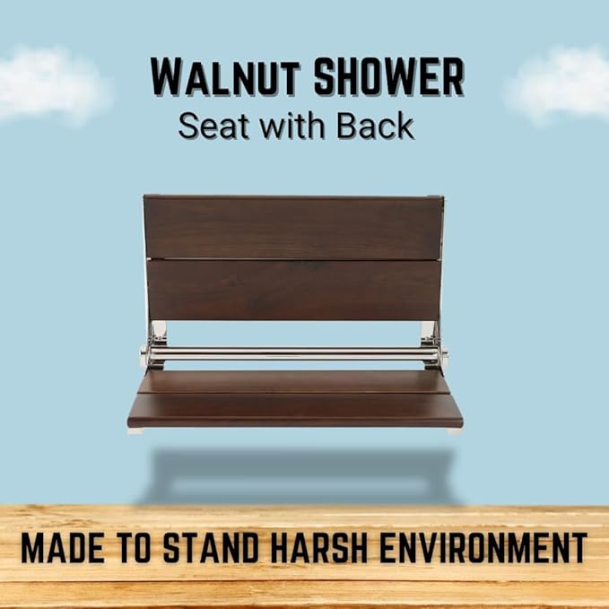 Folding Shower Seat Wall Mounted with Back | 500 lbs Maximum Load Capacity | ADA Compliant Safety Assist Teak Shower Seat for Seniors, Handicapped, and Children | 304 Stainless Steel Frame | 18” x 16”