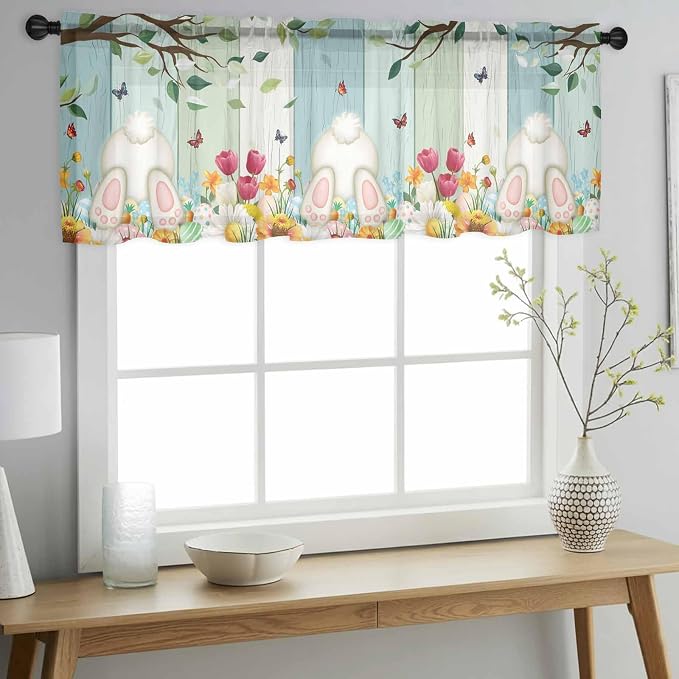 Easter Sheer Valances for Windows 60"x18", Light Filtering Kitchen Curtains - Image 2