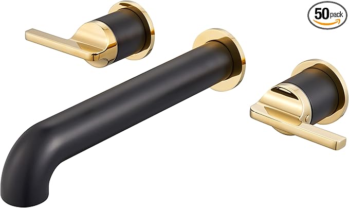 SITGES Polished Gold and Black Solid Brass Wall Mount Bathtub Faucet,10" High Flow Wall Mount Tub Filler with Two Lever Handles,High-End Design with Rough-in Valve Included