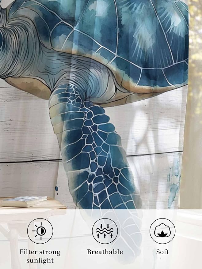 Sheer Curtains 63 Inch Length, Teal Green Ocean Turtle Semi Sheer Curtains - Image 6