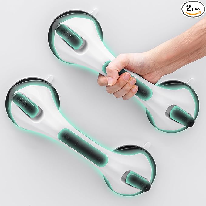 Grab Bars for Bathtubs and Showers 2 Pack Glow in The Dark, 12 inch Suction Grab Bar, Shower Handle Safety Grip Handrail for Seniors and Elderly, Removable Waterproof No Drilling, Black