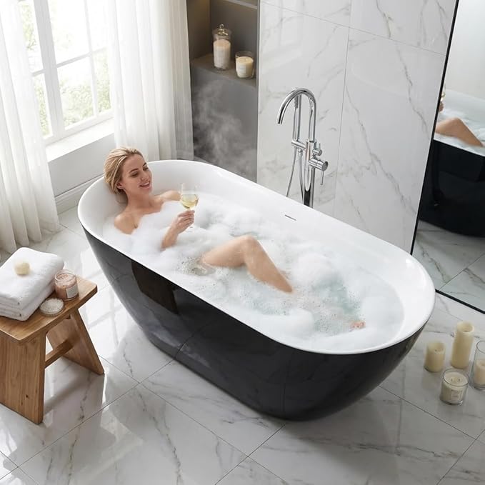 67" Deep Soaking Bathtub, Non-Slip Acrylic Tub with Chrome Drain, CUPC Certified, Ergonomic Modern Bath for Bathrooms, Easy-Install, Black Symmetrical