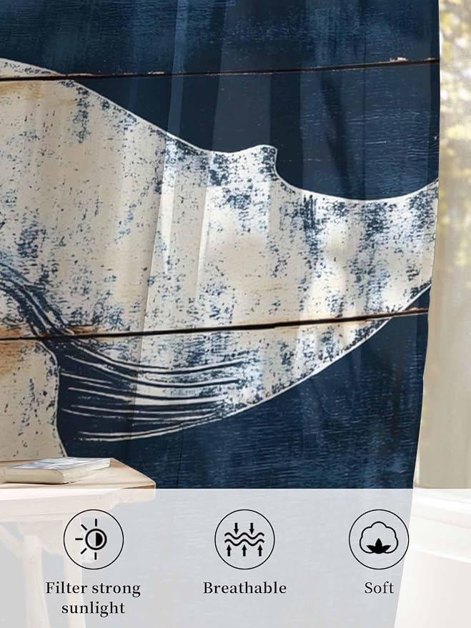 Sheer Curtains 96 Inches Long, Ocean Whale Blue Semi Sheer Curtains Light - Image 6