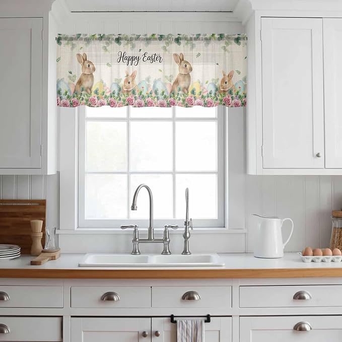 Easter Sheer Valances for Windows 42"x12", Light Filtering Kitchen Curtains - Image 3