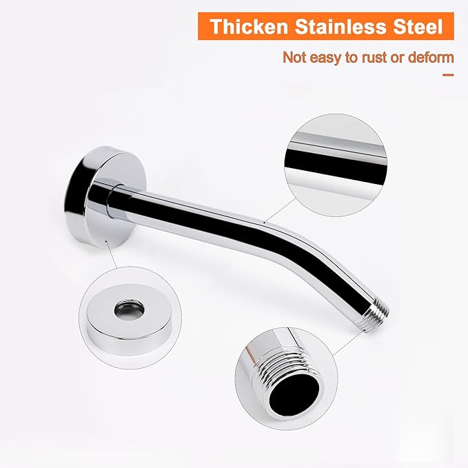 HarJue Shower Arm with Flange and Teflon Tape, Wall Mounted Shower Pipe 304 Stainless Steel Extension Arm for Fixed Shower Head & Handheld (6 Inch, Chrome)