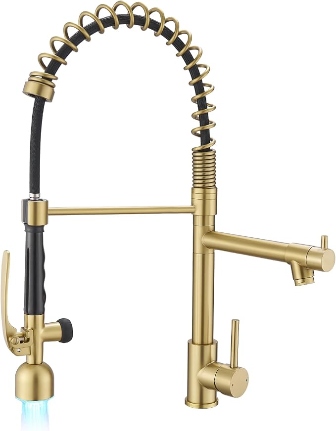 Fapully Single Handle High Arc Brushed Gold Pull Down Kitchen Faucet LED by Fapully