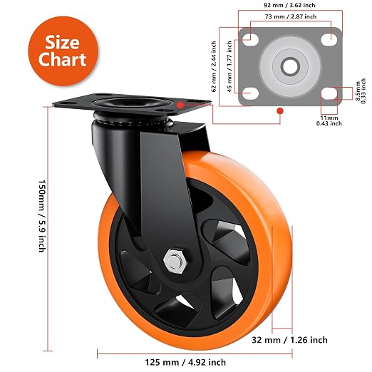 5" Swivel Plate Casters Set of 4 Heavy Duty 1400 lbs | Orange PU, Non-Marking - Image 2