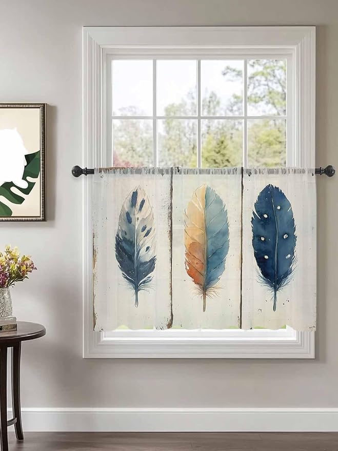 Sheer Curtains 54 Inch Length, Boho Ombre Vintage Wooden Grain Privacy Voile - Image 2