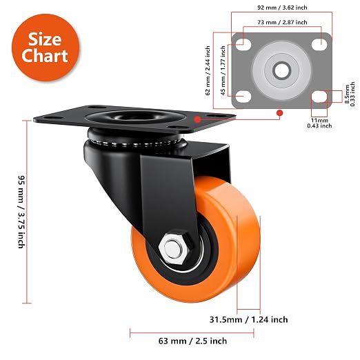 2.5" Swivel Plate Casters Set of 4 Heavy Duty 800 lbs | Orange PU, Non-Marking - Image 2