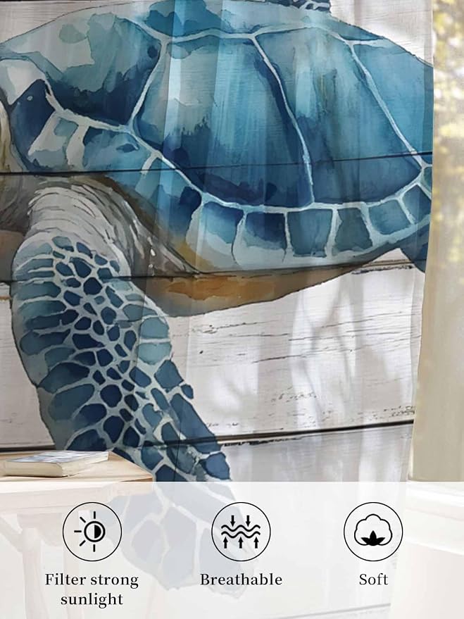 Sheer Curtains 108 Inches Long, Sea Turtle Blue Semi Sheer Curtains Light - Image 6