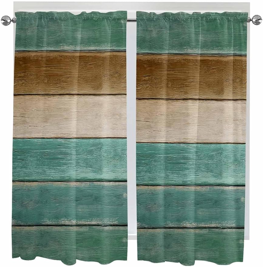 Vintage Plank Turquoise Brown Window Valance Curtains, Farmhouse Wood Grain - Image 9