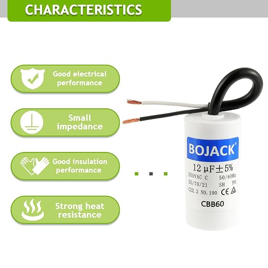 BOJACK Run Capacitor 12 uF 250V AC 12 MFD CBB60 2 Wire 50/60Hz Cylinder Motor - Image 5