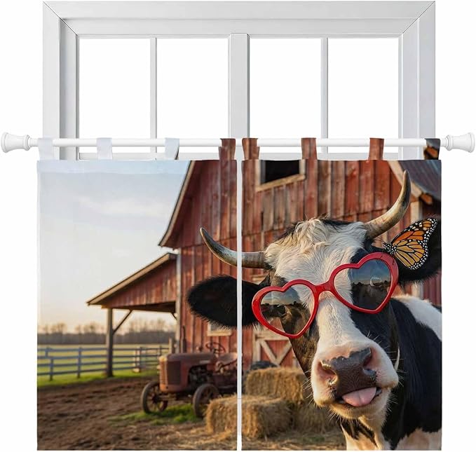 Farm Cows Kitchen Curtains 45 Inch Length, Short Cafe Window Curtains Tab Top by Unknown
