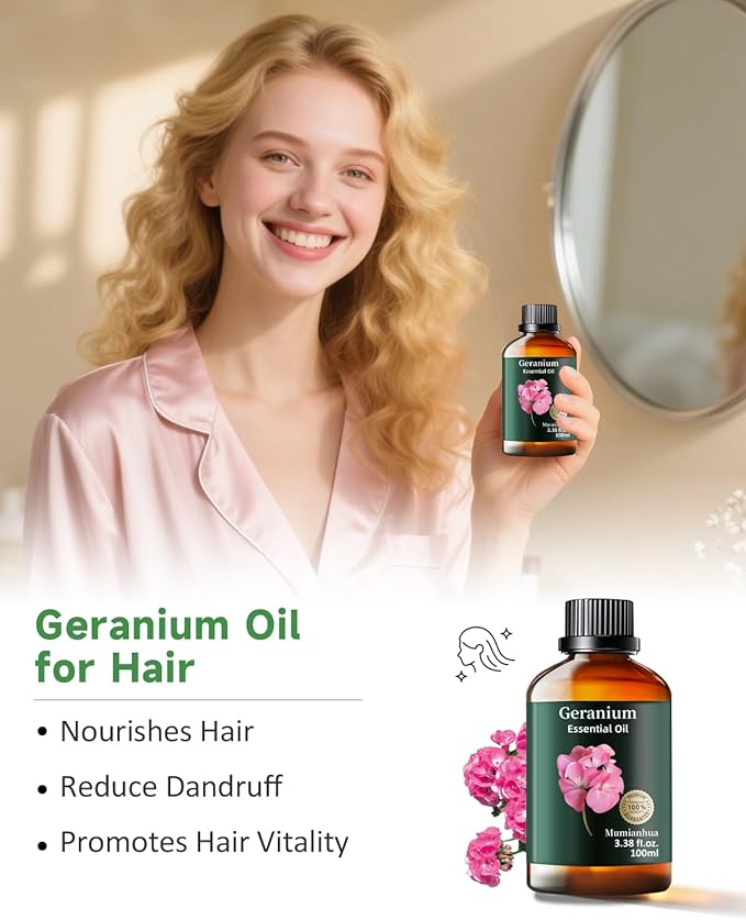 Pure Geranium Essential Oil, Mumianhua Natural Floral Oil for Bedroom Serenity & Garden Freshness, Aromatherapy for Evening Relaxation, Outdoor Ambiance, Reed Diffuser, Skin & Hair Care, 3.38 Fl Oz