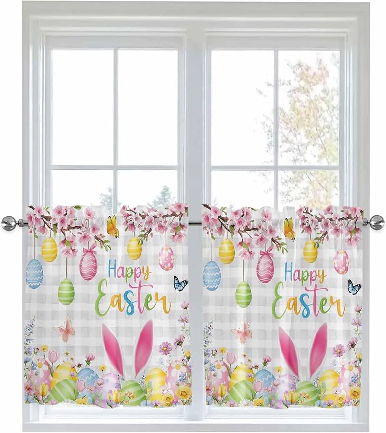 Happy Easter Half Window Curtain 36 Inches Long, Spring Watercolor Bunny Eggs by Unknown